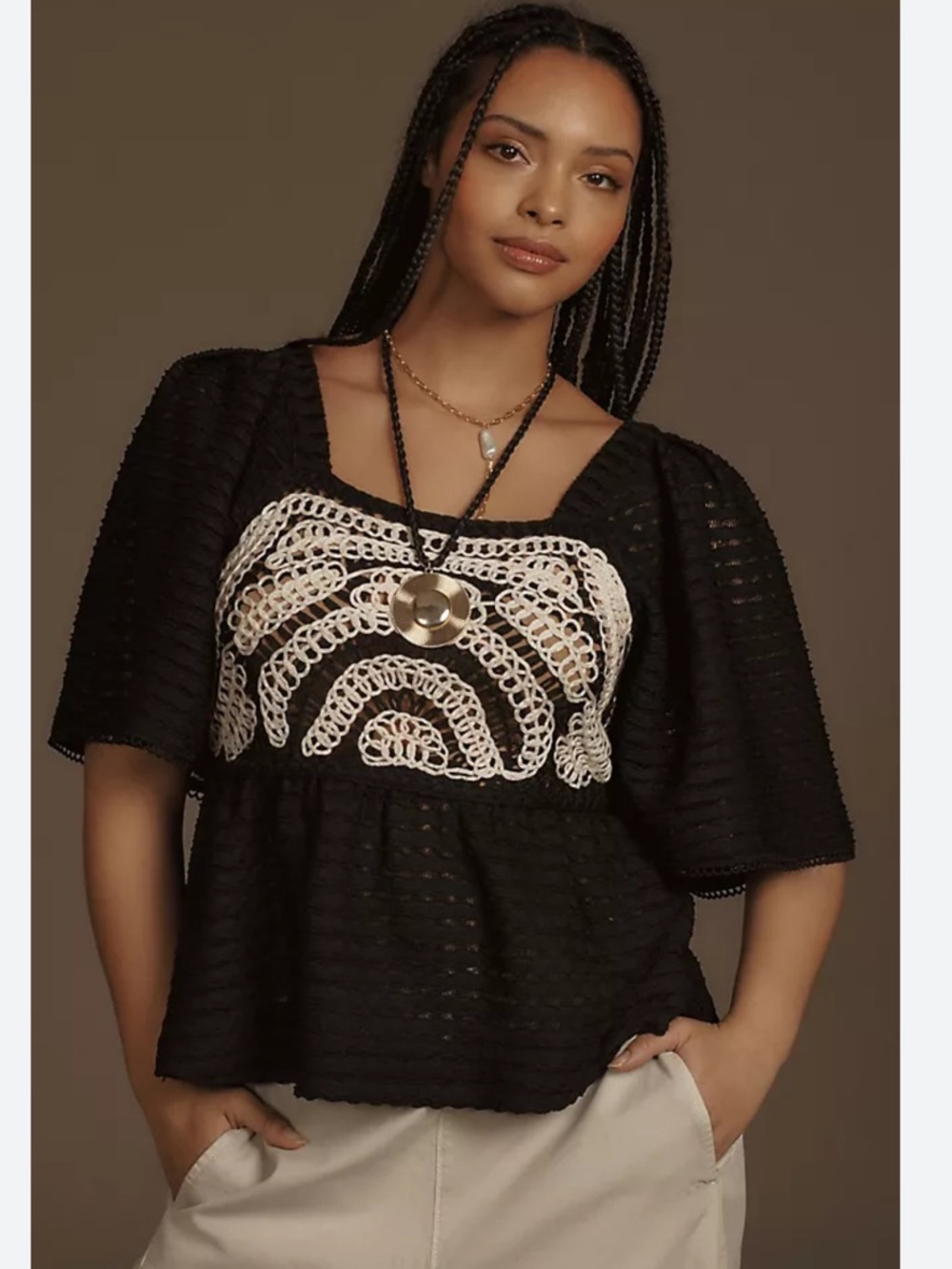 Anthropologie Black Flutter Sleeve Crochet Top by Sarah Hann NWT size M